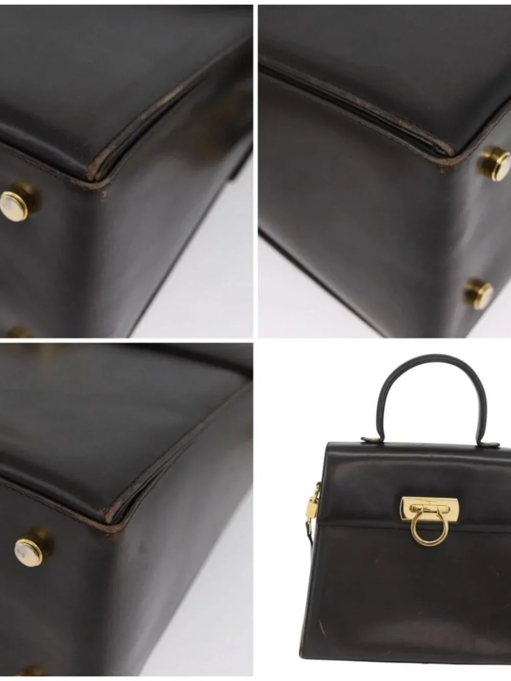 Salvatore Ferragamo Gancini Hand Bag Leather 2way Brown Gold Auth ARZ526